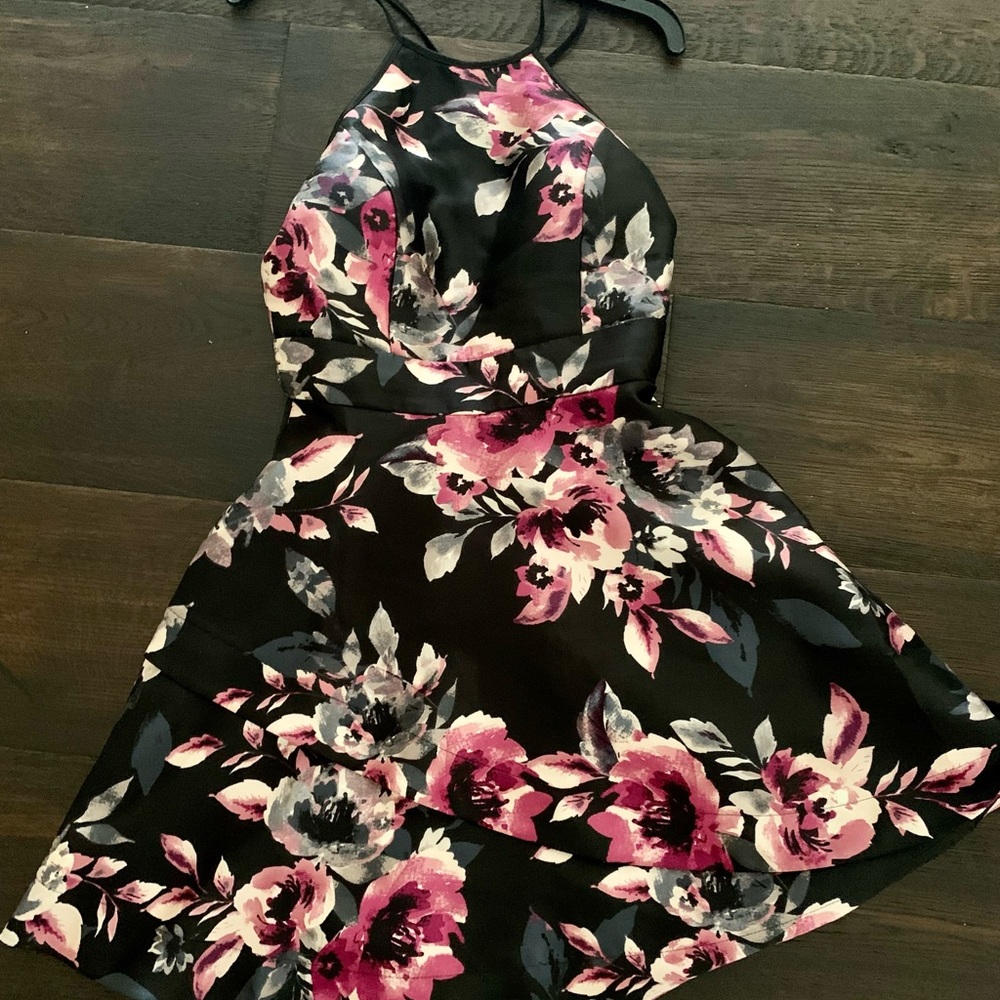 Macy’s Formal dress; satin black,pink&blue flowers